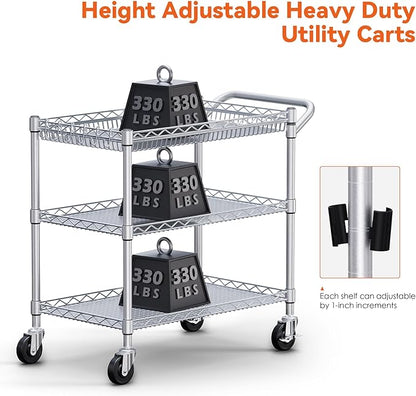 WDT 990Lbs Capacity Heavy Duty Rolling Utility Cart, NSF Rolling Carts with Wheels,Commercial Grade Metal Cart with Handle Bar & Shelf Liner,Trolley Serving Cart for Kitchen,Restaurant,Silver