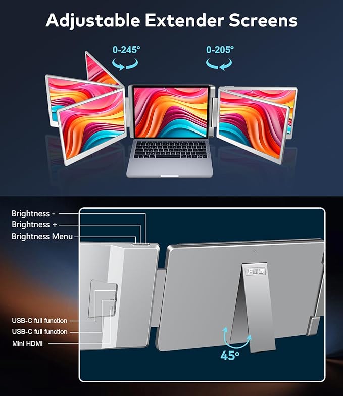 15.6" Laptop Screen Extender, Left Screen 360° Flip Triple Screen Monitor Extender, FHD 1080P IPS Portable Travel Monitor Display, fit for 12–18.5" Laptops, Compatible with Windows and MacBook-S10