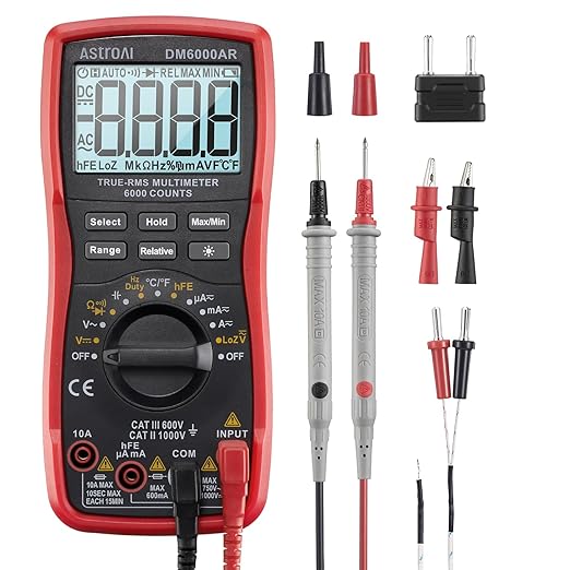AstroAI Digital Multimeter TRMS 6000 Counts Volt Meter Ohmmeter Auto-Ranging Tester; Accurately Measures Voltage Current Resistance Diodes Continuity Duty-Cycle Capacitance Temperature, Black