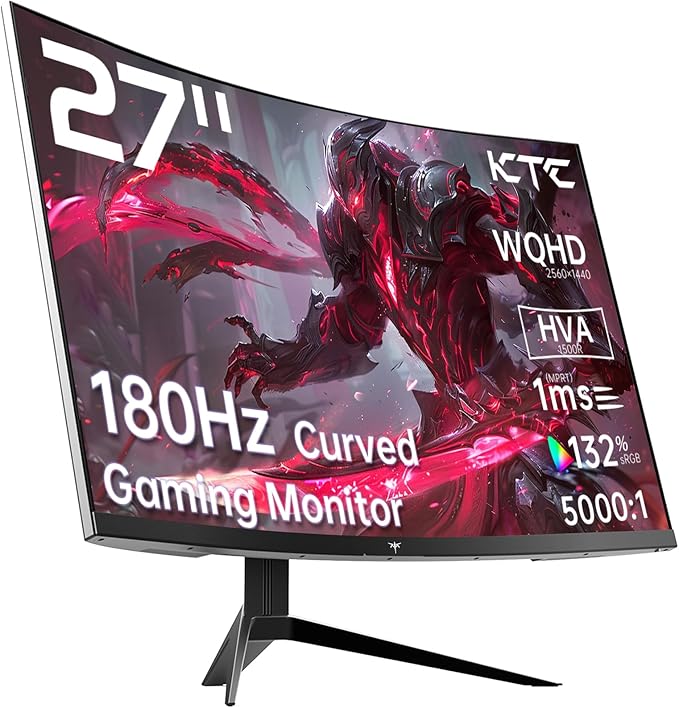 KTC 27 inch WQHD 180Hz 1ms Curved Gaming Monitor 1440P 144Hz Monitor 132% sRGB HVA FreeSync DisplayPort/HDMI/USB VESA Computer Monitor for Gamers (DP Cable Included)