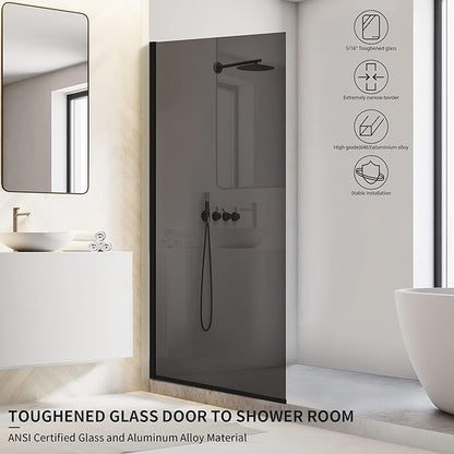 Bathroom Shower Door Screen, 34 in. W x 74 in. H Single Panel Frameless Shower Screen with Tempered Glass, for Bathroom and Bathtub, Smoked Gray Shower Door Screen with Matte Black Rods