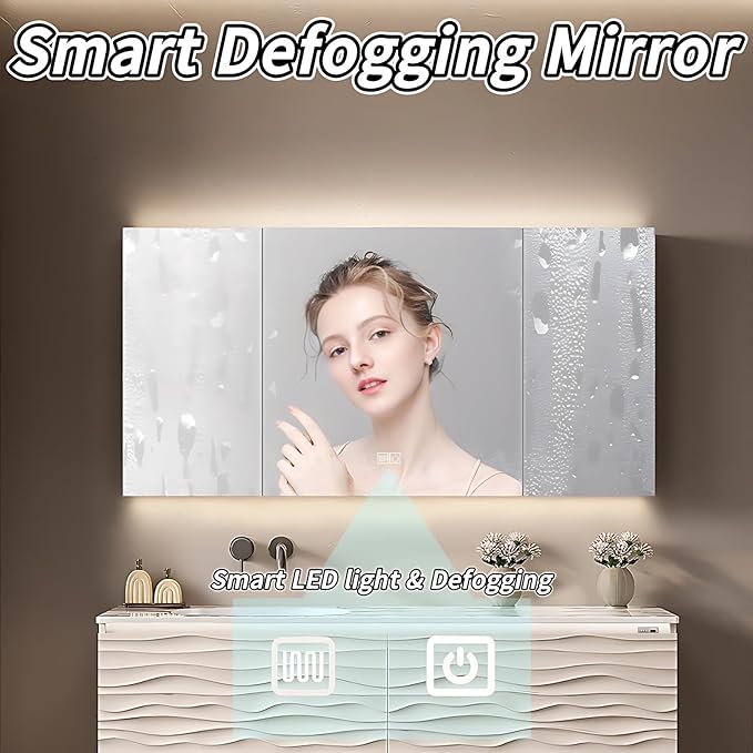 56IN Bathroom Vanity - Smart Defogging Mirror Cabinet | Waterproofing Technology & Wave Shaped Door Panel, Floating Bathroom Vanities with Large Storage Space (Mirror)