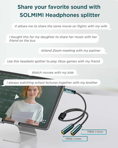 SOLMIMI Headphone Splitter for 2 Headphones, TRRS 3.5mm Male to 2 Female Audio Jack Splitter Adapter Compatible with Two Headsets or Microphones to PC, Laptop, Smartphones, PS4, PS5, Xbox - 1 FT
