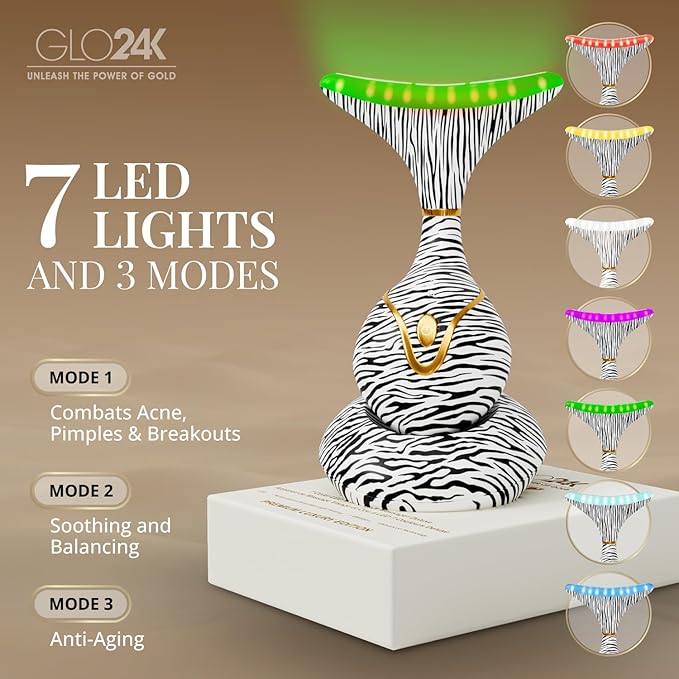 GLO24K Red Light for Face & Neck Beauty Device - 7 in 1 Facial Massager Tool and Neck Care Device for Neckline Care, Face and Neck Massager for Women