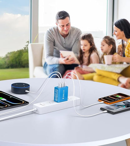[2-Pack] USB C Wall Charger, 60W USB C Charger Block 5-Port PD Fast Charging Blocks,2USB C+3USB A Multiport Plug,Type C Power Adapter Brick Cube for iPhone17/16/15/14/Pro,iPad,Samsung,for Switch（Blue）