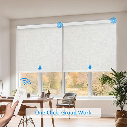 COOLWINDS Motorized Blinds with Remote Cordless Automatic Motorized Shades Custom Blinds for Indoor Windows Smart Curtains with Alexa Google Home(Blackout Jacquard Beige,W22 x H72in)