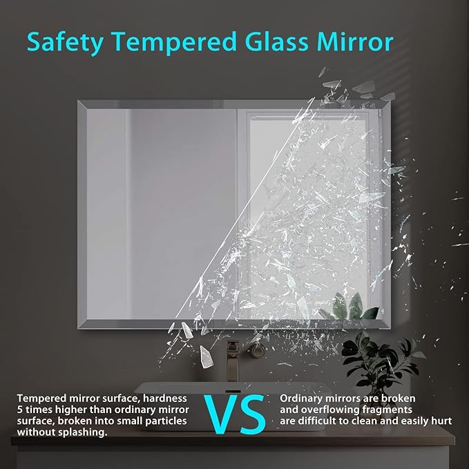 Beveled Mirror, 48"x30" Inch Beveled Frameless Mirror for Bathroom, Rectangular Beveled Edge Bathroom Vanity Mirror, Upgraded Shatterproof Wall Mirror, Hangs Horizontally or Vertically.