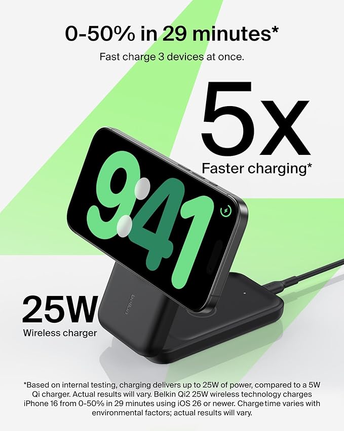 Belkin MagSafe Charger Compatible, 3-in-1 Charging Station, Qi2.2 25W Magnetic Wireless Charger Dock, Foldable Charging Stand for iPhone 17/16/15, Apple Watch, AirPods, Pixel 10 (45W Adapter Included)