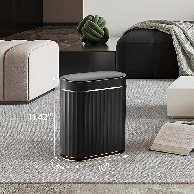 ELPHECO Black Bathroom Trash Can with Lid 2 Gallon Sensor Trash Bin, Automatic Narrow Garbage Can, Waterproof Smart Trash Can, Slim Motion Sensor Waste Bins for Bathroom, Living Room, Office