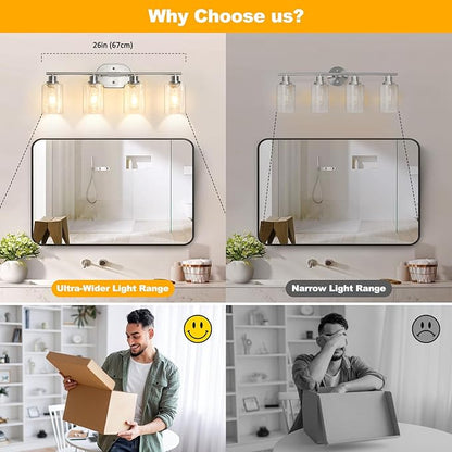 Unicozin Bathroom Light Fixtures, 4 Light Vanity Lights for Bathroom, Brushed Nickel Wall Lamp with Clear Glass for Mirror, Living Room, Hallway, Cabinet, E26 Base