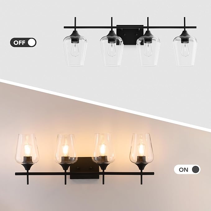 VONLUCE Bathroom Vanity Light, 4 Light Bathroom Light Fixture Over Mirror, Bathroom Wall Lamp with Clear Glass, Modern Black Vanity Lighting fixtures for Bathroom, Bedroom, Hallway
