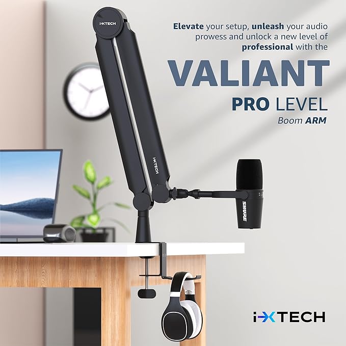 IXTECH Mic Arm Boom Arm 360° Rotatable Microphone Boom Arm Mic Boom Arm with Desk Mount, Fully Adjustable, for Podcast, Video, Gaming, Radio, Studio Recording, Sturdy and Universal VALIANT Pro
