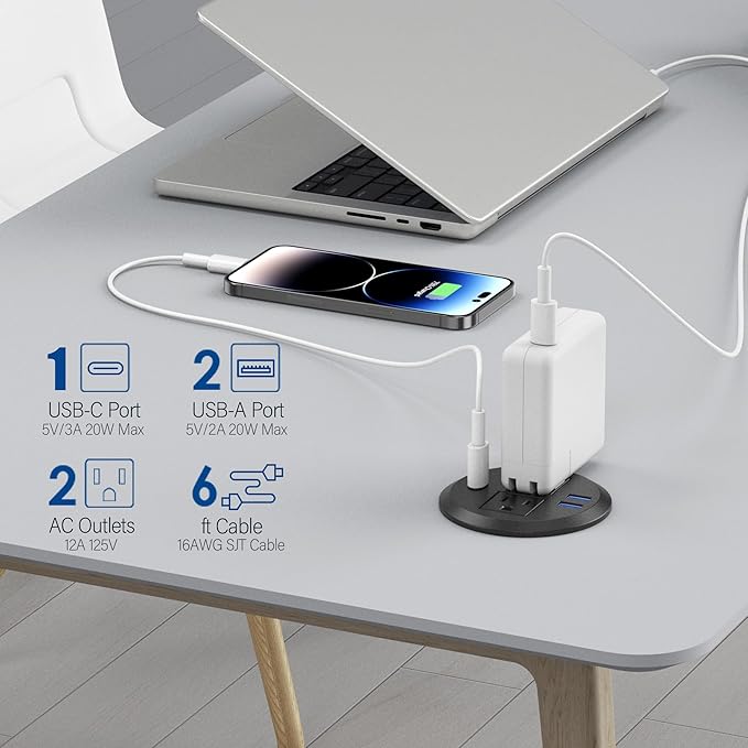 3 inch Desktop Power Grommet USB C,20W Fast Charging Station,Furniture Recessed Power Strip,2 Outlets,3 USB Ports,Flush-Mount for Desktop, Workspace Essential Desk Outlet,2 Pack (Black)