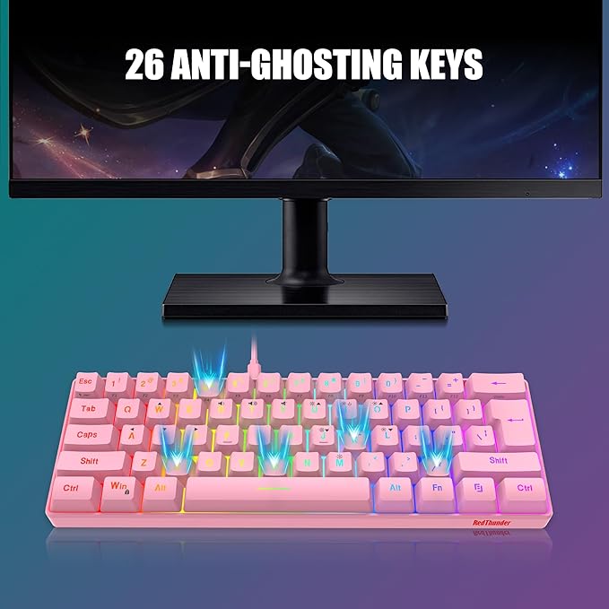 RedThunder 60% Gaming Keyboard and Mouse Combo, Ultra-Compact 61 Keys RGB Backlit Mini Keyboard, Lightweight 7200 DPI Honeycomb Optical Mouse, RGB Wired Gaming Set for PC MAC PS5 Xbox Gamer(Pink)