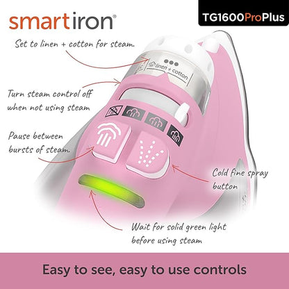 oliso TG1600 ProPlus Smart Iron with Auto-Lift – 1800 Watt Steam Iron for Clothes, Sewing, Quilting & Crafting – Diamond Ceramic-Flow Soleplate, Rosé