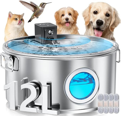 12L/ 3.4Gal Wireless Automatic Dog Water Fountain for Large Dogs，Stainless Steel 3 Modes Dog Fountain Water Bowl Dispenser, Multi Large Pet Water Fountain Ultra Quiet & Multi-Filteration
