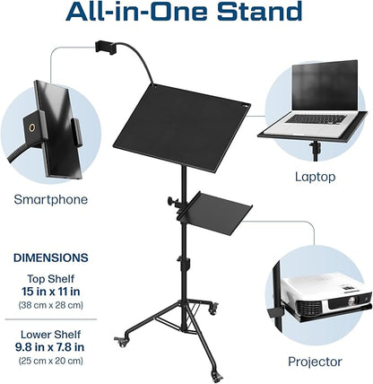 DYNAMO TECH Projector Stand Tripod Laptop Tripod with Wheels & Adjustable Height Portable Podium Stand with Phone Holder Projector Holder for Home, Office, School & DJ Matte Black
