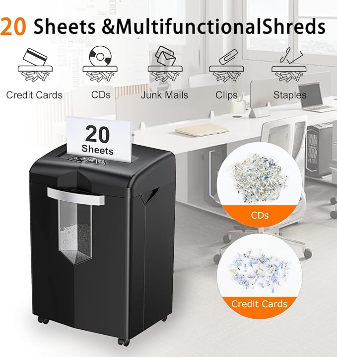 Bonsaii Shredder, 20 Sheets, Operates Continuously for 40 Minutes, P-4 Cross-Cut, Jam-Resistant Design, Safely Destroys CDs, Credit Cards, and Stapled Papers, Large 7-Gallon Bin Capacity