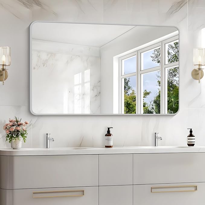 48x30 Inch Silver Bathroom Mirror, Metal Framed Silver Rectangle Mirrors, Rounded Rectangular Vanity Mirror, Wall Mounted Mirrors for Living Room Bedroom Entryway Hangs Horizontal or Vertical