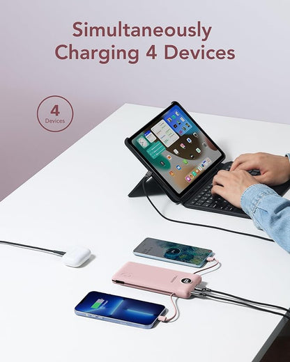 VEGER Portable Charger with Built-in AC Plug and Cables, All in One 10000mAh Ultra Slim Power Bank Travel Essentials, 15W Fast Charging Battery Pack Compatible with iPhone, Samsung, Android (Crepe)