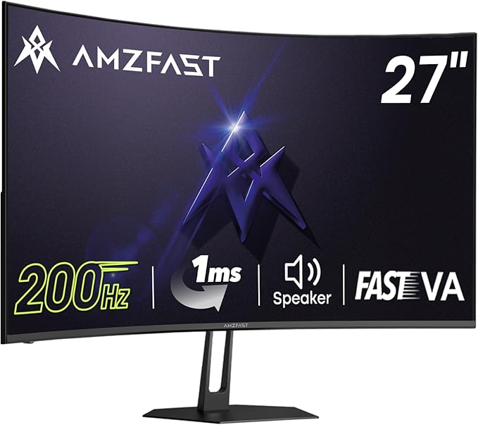 Amzfast 27 inch 200Hz Curved Gaming Monitor, FHD 1080P Computer Monitor with Built-in Speakers, MPRT 1ms with Fast VA Panel | 130% sRGB, 3000:1,1500R | 12 Months Warranty Exchange