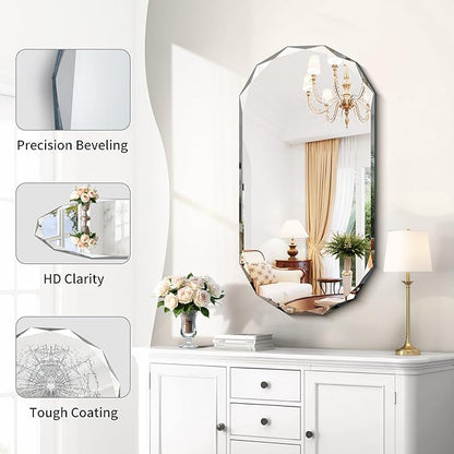 GLASHOM Beveled Edge Frameless Bathroom Mirror, Oval Wall Mirror for Over Sink, 18" x 36" Modern Decorative Vanity Mirror for Bedroom, Living Room, Entryway, Hanging Mirror Horizontal or Vertical