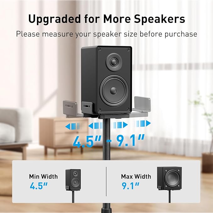 PERLESMITH Universal Speaker Stands for Surround Sound -Height Adjustable Extend 33.3”to 45.1”, Floor Speaker Stand for Satellite & Studio & Bookshelf Speakers up to 11LBS,1 Pair Black, PSSS2