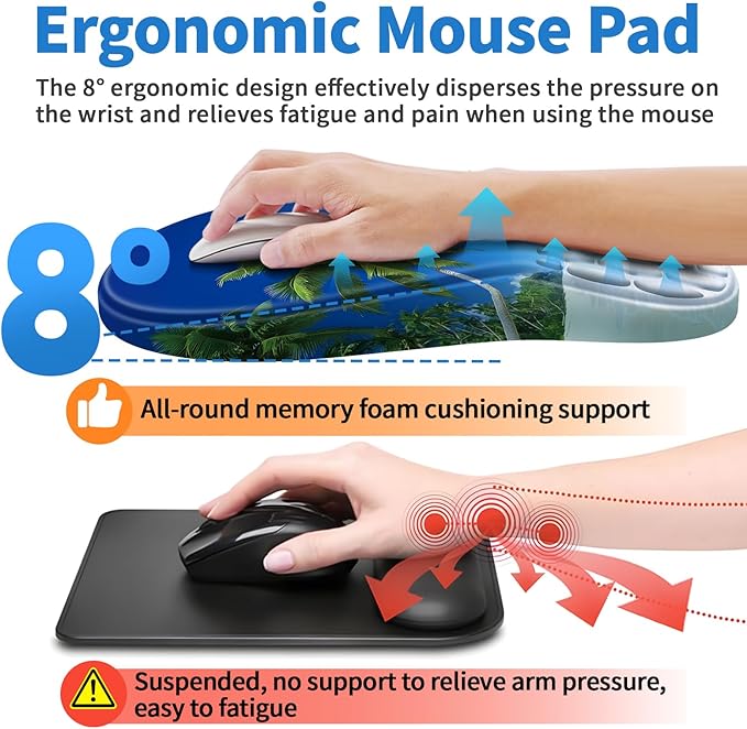 YIWEI Ergonomic Mouse Pad with Wrist Rest - Comfortable Office Mousepad with Memory Foam Wrist Support for Carpal Tunnel Relief, Mouse Pads with Non-Slip Base for Gaming and Home (Beach-3)