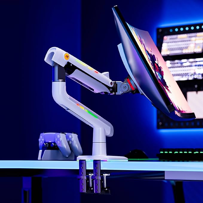 NB Gaming Monitor Arm or for 32 to 60 Inches Screen, Load up to 20 kg, VESA 75/100, RGB-Light, Heavy Duty, Multi Angle Adjustable, Premium Aluminum, White