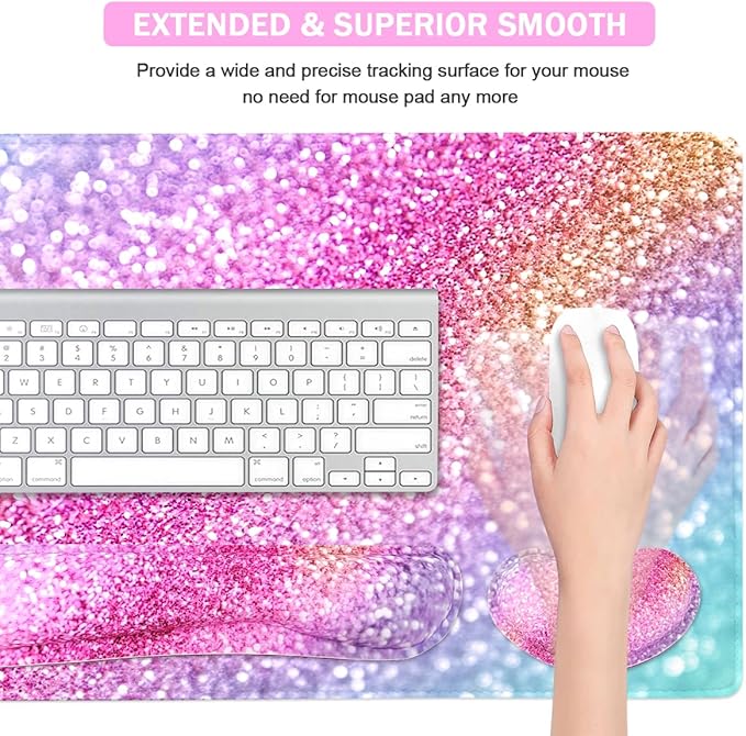 Large Keyboard Mouse Pad Set, Extended Mouse Pad+Keyboard Wrist Rest Support, Memory Foam Ergonomic Easy Typing, 4Pcs (35.4×15.9 in) Desk Pad Set for Home Office Study Game - Colorful