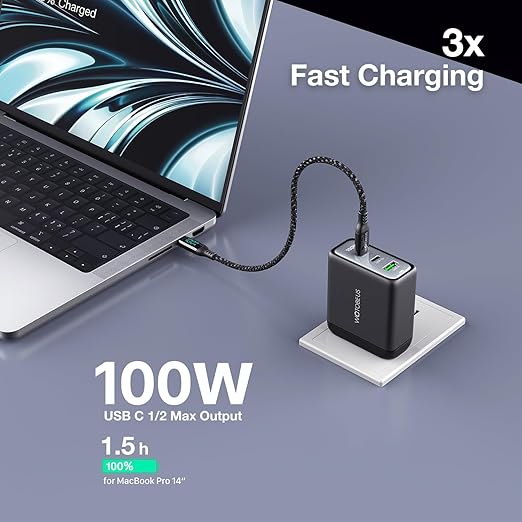 WOTOBEUS USB C GaN Wall Charger Block with ETL, Type-C Laptops Power Adapter PD3.0 100W 65W 20W, Cable with Power Display, for iPhone 17/16/15 Galaxy Pixel Motorola MacBook & Laptops