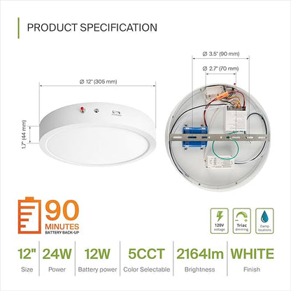 ASD LED 12" Round Flush Mount Ceiling Light Fixture, Low Profile Surface Lighting | 5CCT, Dimmable, Battery Backup, ETL Listed | 24W 2100LM 2700-6000K 120V | Kitchen, Hallway Lamp | White, 12 Pack