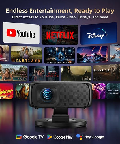 [1500ANSI/ Google TV] Smart Projector with WiFi and Bluetooth, SOPYOU Portable Outdoor Projector 4K Support, Auto Focus & Keystone, Built-in Apps, Indoor Home Theater with 360° Rotatable Stand