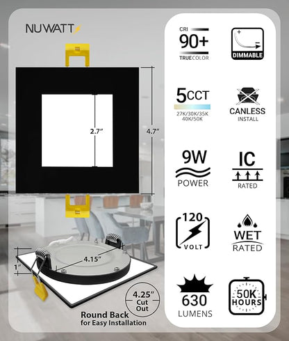 NUWATT 12 Pack 4 Inch Square Ultra-Thin LED Recessed Lighting, Selectable 2700K/3000K/3500K/4000K/5000K, 630 Lumens Dimmable, IC Rated, Black Slim Panel Light, Canless Wafer Lights, Metal J-Box