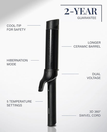 GLAMPALM Curling Iron 1 1/4" - Long Barrel Ceramic Hair Curler for Women, Korea's No.1 Salon Hot Tool, 5 Temps & 30s Heat-up, 3D Swivel Cord & Dual Voltage, Black (GP628)