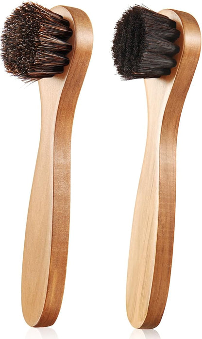 2 Pcs Horsehair Shine Shoes Brush Kit Polish Dauber Applicators Cleaning Leather Shoes Boots Care Brushes Suede Cleaner Brush(Wooden Long Handle)