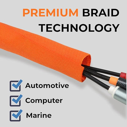 HOLED 1-3/16 inch Split Braided Cable Management Sleeve for USB Cable Power Cord Audio Video Cable, Wire Loom Cord Protector from Cat Dog Chewing (Orange, 10FT)