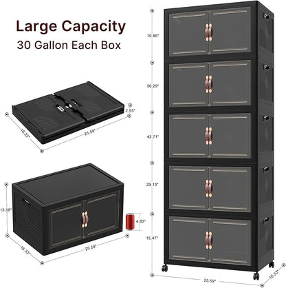 Extra Large Stackable Storage Bins with Lids & Wheels, 275QT-55QT/14GAL*5Pack Foldable Collapsible Closet Organizers Dark Storage Cabinet with Doors for Bedroom Dorm