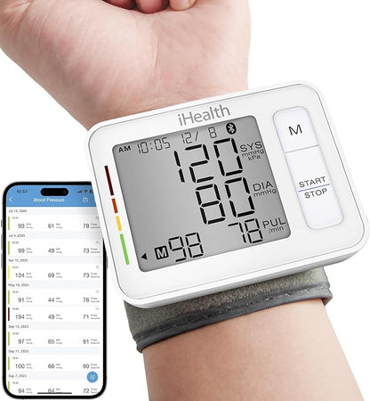 iHealth Push Wrist Blood Pressure Monitor, Digital Bluetooth Blood Pressure Machine with Large Display and Portable Carrying Case for at Home and Travel Use