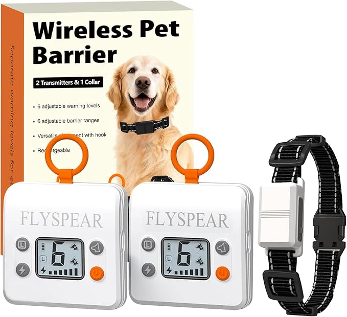 FLYSPEAR Wireless Pet Barrier with 2 Transmitters - Rechargeable Indoor Barrier with 6 Adjustable Range Radius up to 7 ft, 6 Adjustable Safe Static Intensity, Electric Fence System for Dogs with Hook