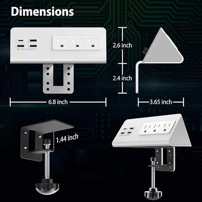 Nightstand Edge Mount Power Strip with USB-C Ports Tabletop Surge Protector Desk Clamp Power Sockets with 3 AC Outlets &4 Fast Charging USB Ports for Home Office Hotel and Dormitory