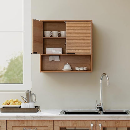 Wall Mounted Bathroom Cabinet with Motion Sensor LED Light & Tissue Dispenser, Modern Oak Medicine Cabinet Over Toilet with Fluted Door, Adjustable Shelf for Skincare & Makeup Storage