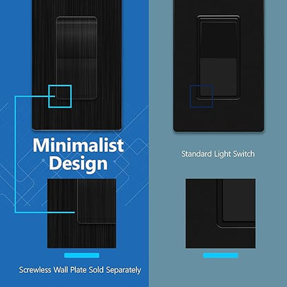 LIDER Brushed Black Minimalist Design Decorator Switch, Frameless Paddle Wall Light Switch, On/Off Rocker Switch, 3-Way or Single Pole, Residential Grade, UL Listed, 3 Wire, 15A 120-277VAC, 5 Pack