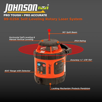 Johnson Level & Tool 99-026K Self-Leveling Horizontal Rotary Laser System w/ Hard Case Kit, 50 x 14.5", Red, 1 Kit,Orange