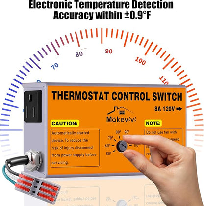 Attic Fan Thermostat-Control: with Socket and Wire Connector, Can Be Connected to Two Fans, Replacement Thermostat with Overload Protector, Temperature Controlled Exhaust Fan for Workshop, Greenhouse