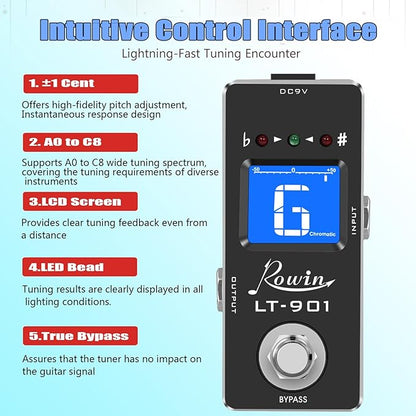 Rowin Guitar Tuner Pedal High Precision Chromatic Tuner with LCD Display for Guitar Bass Voline True Bypass LT-901