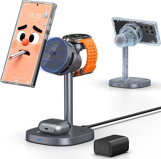 3 in 1 Magnetic Charging Station for Samsung, Qi2 Certified Phone-Cooling Magsafe Wireless Charger for Samsung Galaxy Z Fold 7/Flip 7/S25 Ultra/S24, Galaxy Watch 8/Ultra/7/6/5, Galaxy Buds 3 Pro/3