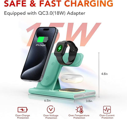 3 in 1 Charging Station for iPhone 17 - Wireless Charger for Apple Products for iPhone 17 16 15 14 13 12 11 Pro Max - Foldable Wireless Charging Station Dock Stand for iWatch Series & AirPods(Green)