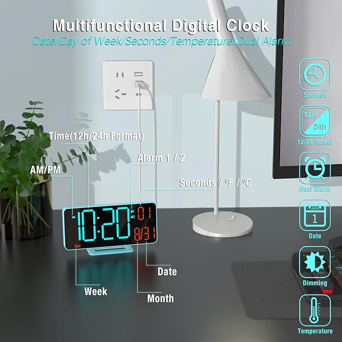 KOSUMOSU Alarm Clocks for Bedrooms, 6.7in Digital Clock, Auto Dimming, Room Temperature, Day of The Week, Seconds, Date, Digital Clocks for Living Room, Desk Clock for Bedroom