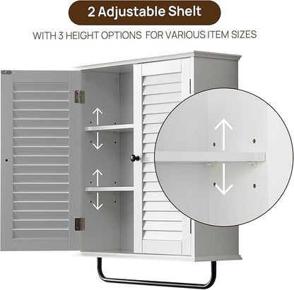 Bathroom Storage Cabinet with Adjustable Wood Shelves & Doors, Made of PDF Wood, Wall Mounted with Towels Bar, Over The Toilet Storage Cabinet for Kitchen & Living Room & Laundry Room-White